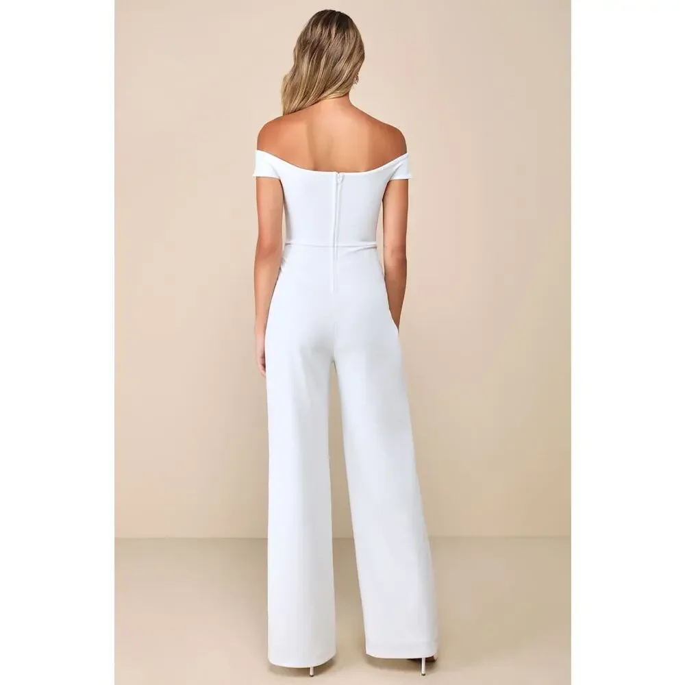 NWT Lulus Stunning Existence White Off-the-Shoulder Knot-Front Jumpsuit Size L